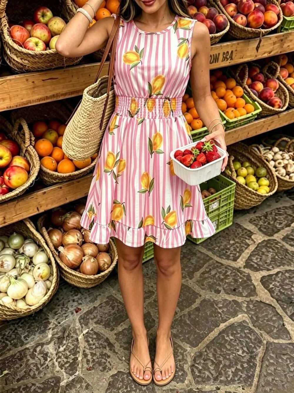 Casual Women's pink stripe lemon print ruffled hem mini Dress - Picture 3 of 4
